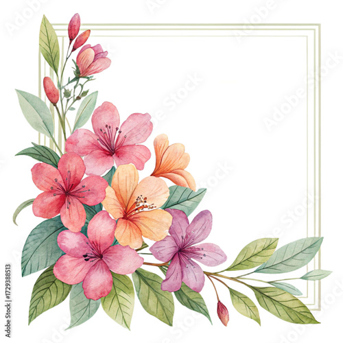 Floral frame with pink, orange, and purple watercolor flowers and leaves in corner arrangement