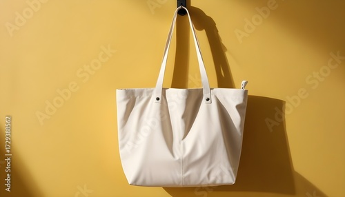 Cream-colored tote bag hanging against a yellow wall