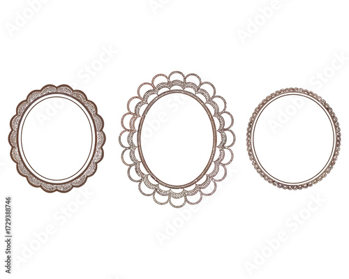 A set of vintage decorative frames with intricate scalloped and lace-like borders. Vector graphic elements isolated on white background