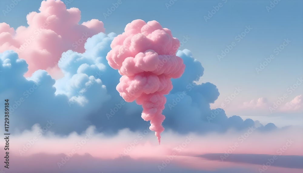 Fototapeta premium Dreamy cloudscape featuring a vibrant explosion of pink clouds against a blue sky.