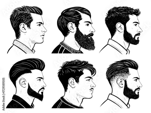 Six stylized men’s portraits, clean black line drawings showing different haircuts and beard styles, arranged neatly in two rows.