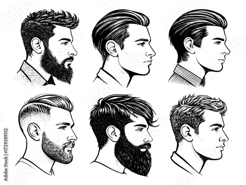 Six stylized men’s portraits, clean black line drawings showing different haircuts and beard styles, arranged neatly in two rows.