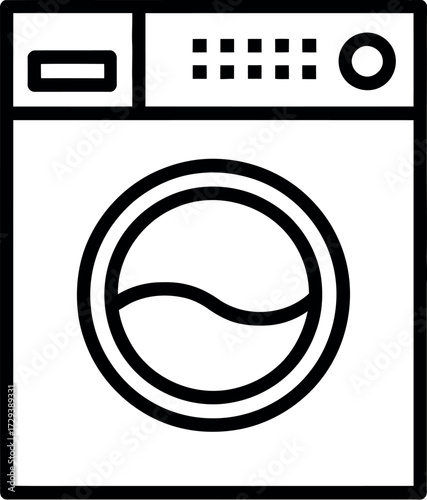 Simple line art illustration of a modern washing machine with a circular door