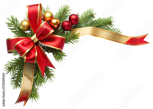Red Ribbon Bow with Gold Trim, Pine, and Ornaments on Transparent Background christmas isolated on a transparent background