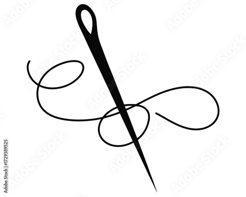 A black and white silhouette of a sewing needle with thread elegantly looped around it, symbolizing craft and creation
