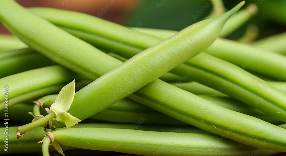 Fototapeta premium Fresh green beans with delicate blossom vegetable garden
