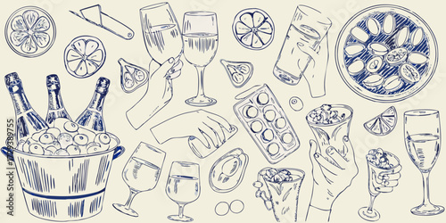 Hand drawn sketch of a celebratory gathering with champagne bottles in an ice bucket wine glasses citrus slices and snacks