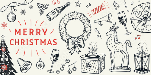 Hand drawn festive christmas elements and decorations with merry christmas text on a light background