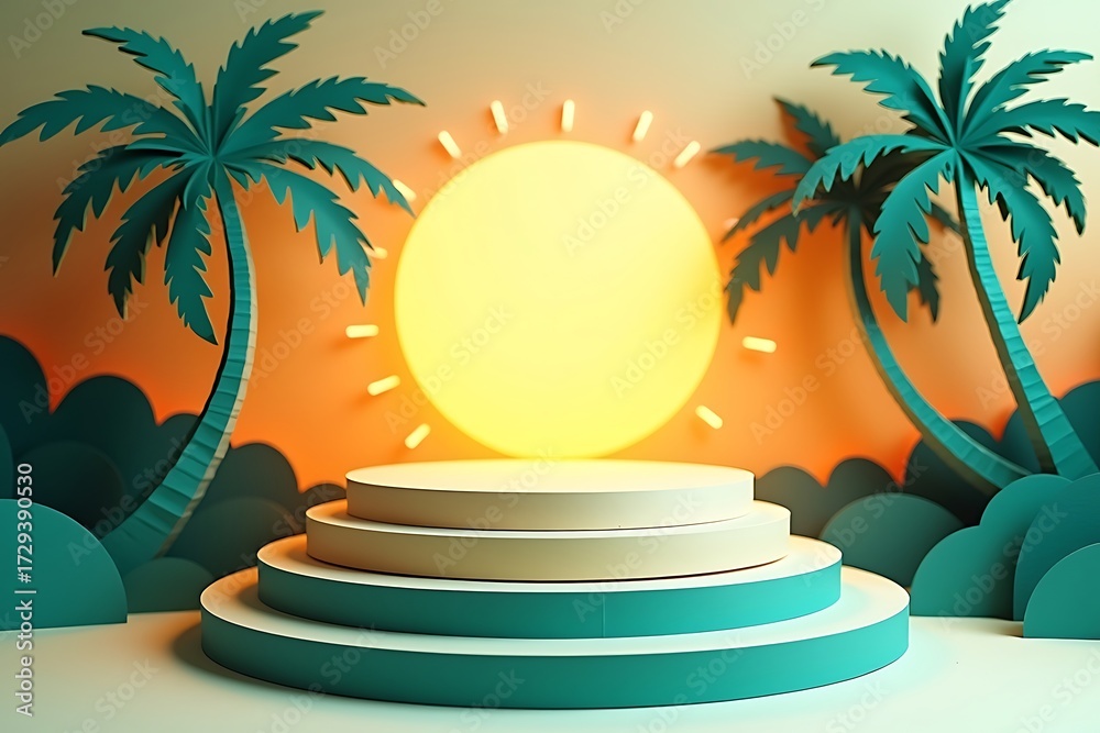 Obraz premium Tropical paradise stage with sun and palm trees