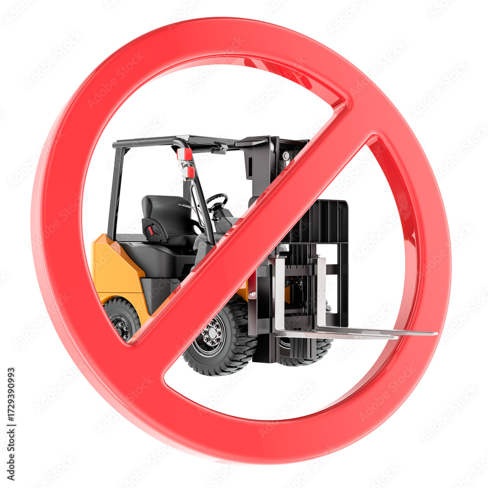 Fototapeta premium Forklift truck with a red prohibition sign, 3D rendering