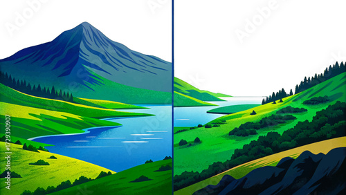 Scottish Highlands vector misty mountains, lochs, green valleys, natural wilderness, and famous European travel landscape illustration.