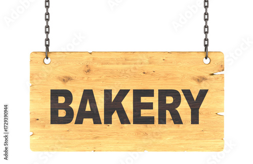 Bakery, wooden signboard hanging on chains. 3D rendering