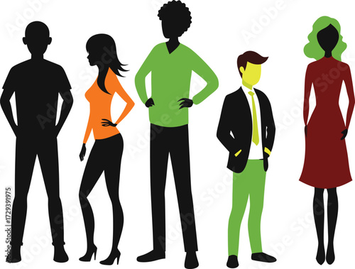Colorful Group of People Standing Together An Illustration of Diverse Individuals in Silhouette and Colored Clothing Creating a Vibrant Ensemble