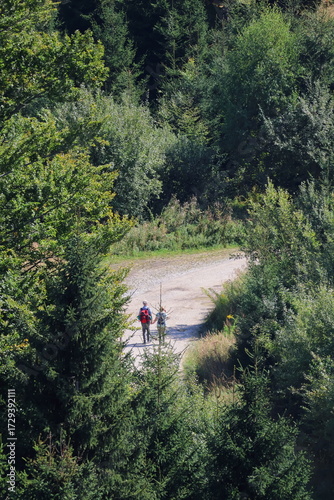 Older couple walks on a hiking trail in the forest, senior activity, outdoor lifestyle, nature recreation