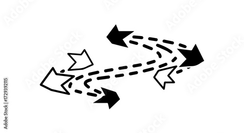 Abstract icon with multiple arrows following a winding dashed path, symbolizing a complex journey, strategic flow, and directional change