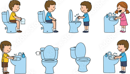 Kids using toilet and washing hands, bathroom hygiene routine illustration, cartoon children with sink, healthy habits vector, personal cleanliness, daily sanitation education