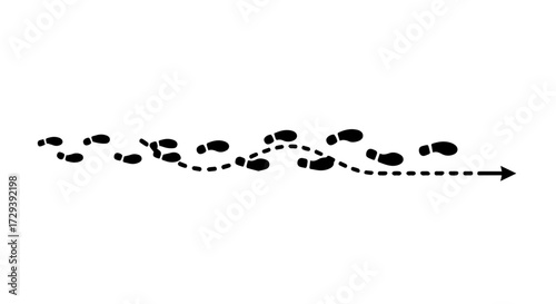 Vector illustration of human footprints following a winding and complicated dashed line path, symbolizing a journey, progress, or a strategic direction