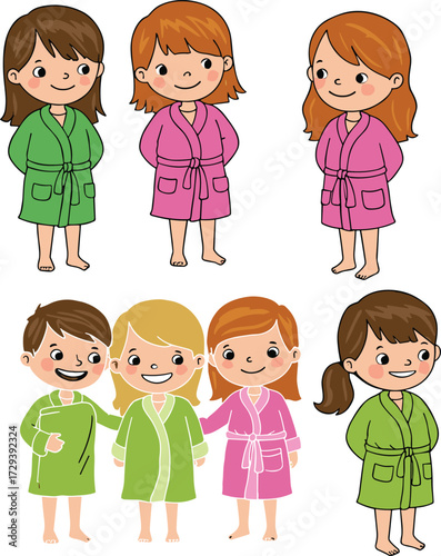 Cute kids in colorful bathrobes, happy children illustration, spa day theme, cartoon boys and girls, wellness lifestyle, family relaxation vector design