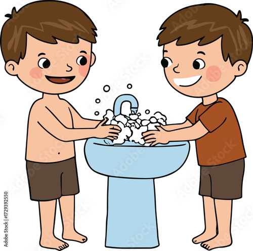 Two happy boys washing hands with soap, cartoon children hygiene illustration, clean habits, sink with water, personal care, health safety vector design