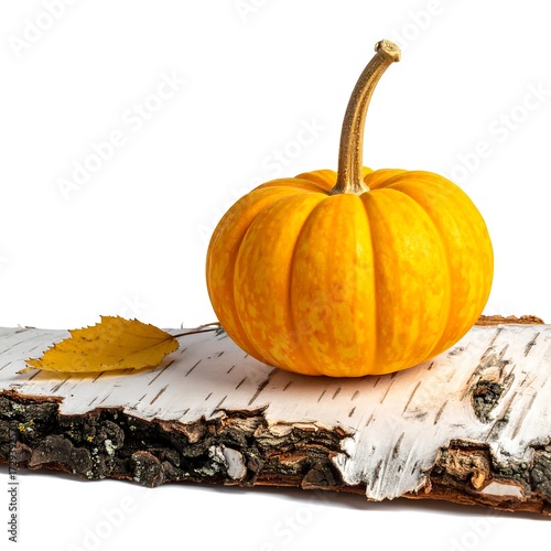 Small orange pumpkin on birch bark