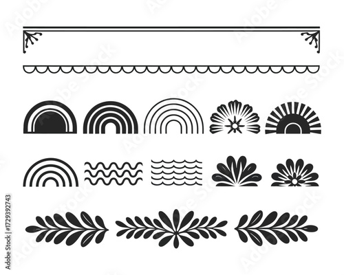 Bohemian style vector art collection featuring decorative line borders, abstract rainbows, and natural leaf elements for design
