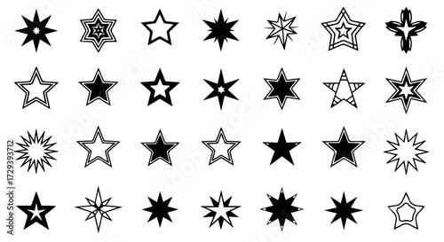Star icon collection diverse geometric shapes, outlines, filled designs. Vector graphics for awards, celebrations, decorations, digital projects