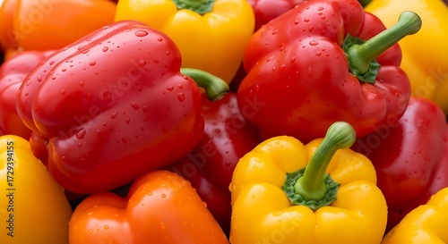 Vibrant bell peppers glistening with water droplets yellow orange