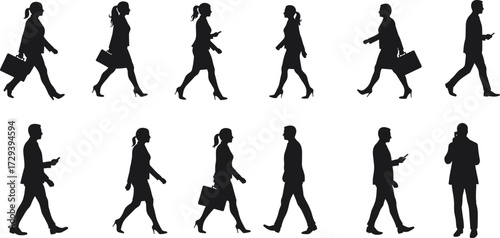 Business people silhouettes walking, corporate professionals in motion, office workers commuting, modern city lifestyle, teamwork concept
