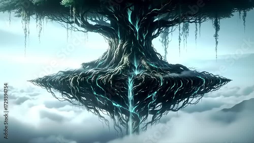 Fantasy digital artwork of a large floating tree in an ethereal landscape