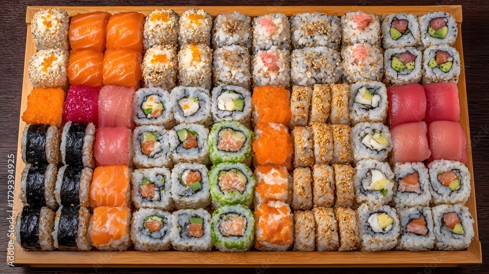 Fototapeta premium Sushi rolls on rectangular plate located top right corner over wooden counter background with copy space