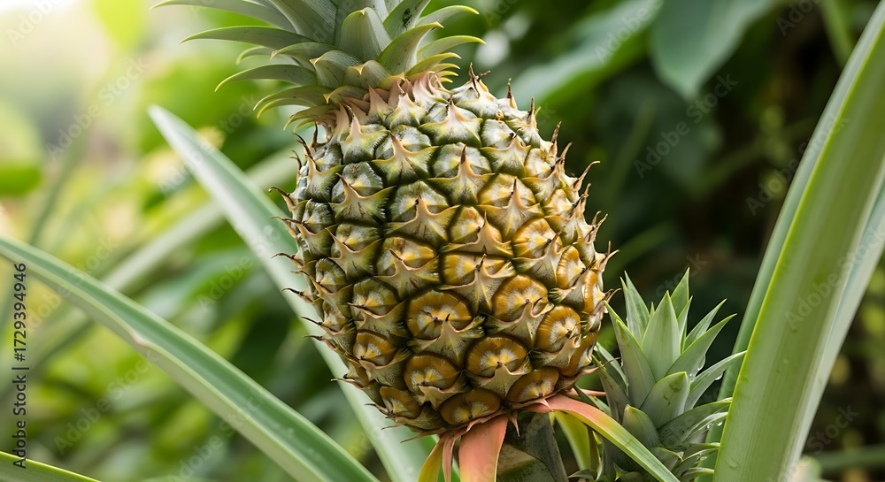 Fototapeta premium Ripe pineapple growing on plant fruit tropical