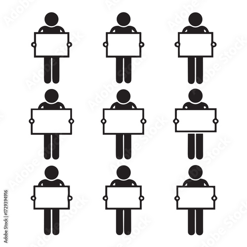 Illustration of nine stick figures holding blank signs, isolated on white background, ideal for representing protests, demonstrations, or public announcements with customizable messages