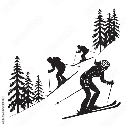 A dynamic ski slope scene isolated on white background features skiers amidst pine trees, capturing the thrill of winter sports in a minimalist, silhouette style