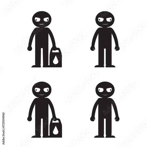 Four stick figures isolated on white background, two carrying bags, evoke a sense of simplicity and anonymity in a minimalist, silhouette style