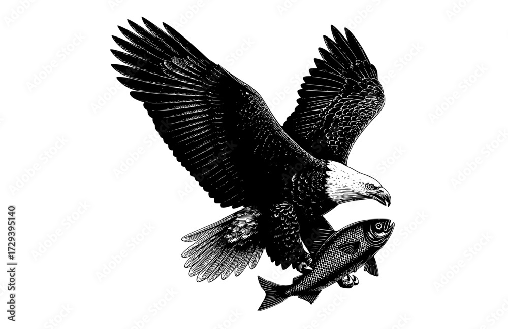 Obraz premium a black and white illustration of an eagle in flight with a fishbald eagle, bird, black, catch, claw, eagle, fish, flight, fly, sky, spread, white, wing 