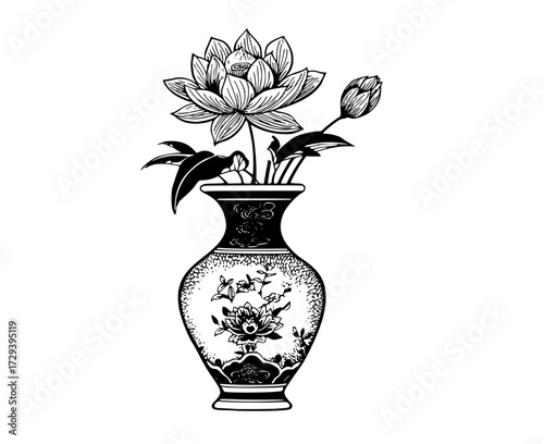 a black and white drawing of a vase with flowers in itblack, draw, fill, flower, glass vase, illustration, lotus, tulip, vase, vessel, white 