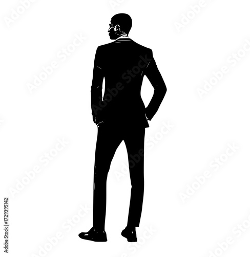 a silhouette of a man in a formal suit standing with his back to the viewerblack, business suit, businessman, cocktail dress, hand, hip, man, profile, stand, suit, wear 