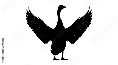 a silhouette of a goose with its wings spread widebeak, bird, black, crane, flap, floor, goose, illustration, profile, spread, stand, white, wing 