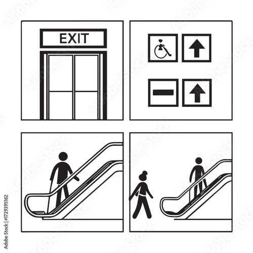 A collection of public facility signs isolated on white background, including exit, elevator access, and escalator usage, providing clear guidance for navigation and accessibility