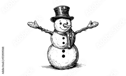 a hand-drawn snowman wearing a top hat and gloves, standing with arms outstretchedarm, draw, dress hat, hand, hat, illustration, peak, scarf, snowman, wear 