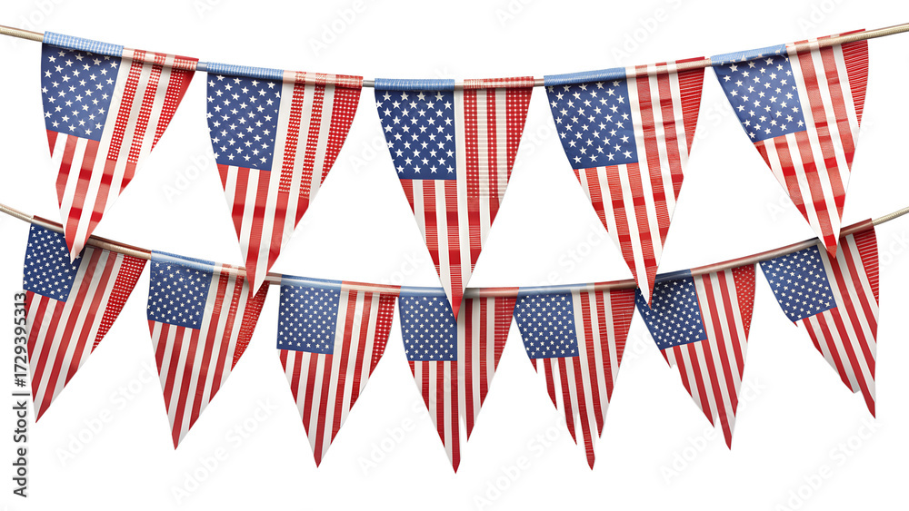 Fototapeta premium Festive patriotic bunting with american flag design isolated on transparent background, perfect for celebrating independence day and other national holidays
