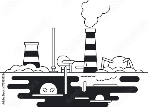 Industrial pollution pollutes the landscape with smoke and dark water.