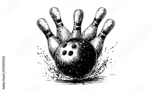 a bowling ball crashing into the pinsball, black, bowling, bowling ball, drawing, illustration, ink, pin, splash, strike 