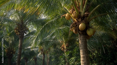 Coconut Clusters on Palm Trunks in Tropical Orchard