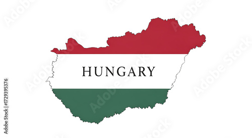 Map of hungary with the hungarian flag isolated on transparent background the map is in the shape of the country and is colored with the red, white, and green stripes of the national flag the word hun