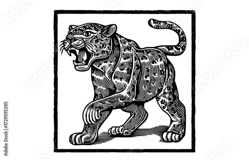 a blue and white drawing of a panther in a square frameanimal, blue, catamount, illustration, style 