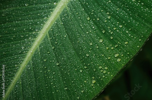 Close-up of water droplets on a tropical leaf