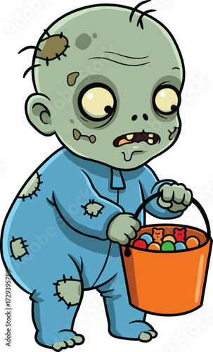 Cartoon baby zombie in patched onesie holding candy bucket, cute horror character for Halloween vector illustrationCartoon baby zombie in patched 