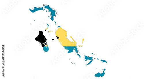 Map of bahamas isolated on transparent background featuring the national flag, showcasing the countrys geographical outline and patriotic symbol, ideal for educational or travelrelated content