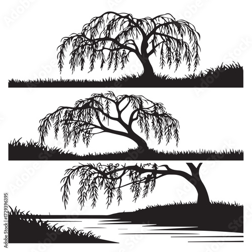 Willow tree silhouettes isolated on white background a serene collection of weeping willows in various landscapes, showcasing the graceful beauty and tranquility of natures elegance